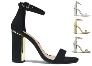 DAMEN SCHWARZE SANDALE DAMEN SCHNALLE HOHER BLOCKABSATZ GLITZER OFFENE SPITZE PARTY GRÖSSE 3-8 UK - Bild 1 von 24