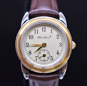Vtg EDDIE BAUER Sub Dial Watch Women Gold Silver Tone Leather NEW BATTERY & BAND - Picture 1 of 10