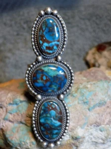 3 Stone Egyptian Turquoise Sterling Silver Ring Navajo Elgin Tom Size 10 1/2 - Picture 1 of 9