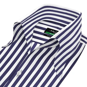 Camisa de algodón preppy azul marino toldo rayas cuello alto abierto con lazo sin botones para hombre - Imagen 1 de 11