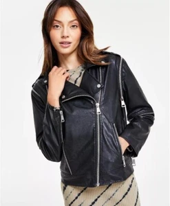 DKNY Jeans Giacca Donna Ecopelle Corta Dettagli Zip Nero Taglia XL - Foto 1 di 7