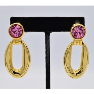 Givenchy Vintage Pink Crystal Earrings Gold Tone Door Knocker Signed 1980s BinZ - Picture 1 of 9