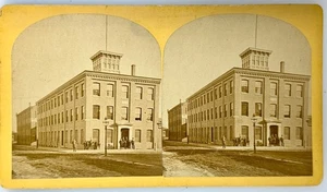 SV027_087 Stereoview Street View of Men Standing Outside Building - Picture 1 of 1