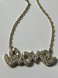 Gold on sterling silver  '925' and clear stone LOVE script necklace chain - Picture 1 of 18