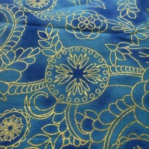 Polynesian Batik Print Vine Gold Floral Blue Cotton Fabric Half Yard* - Picture 1 of 4