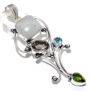Colgante de plata de ley 925 con piedra lunar arco iris natural, piedras preciosas ahumadas de 3,2" z635 - Imagen 1 de 8