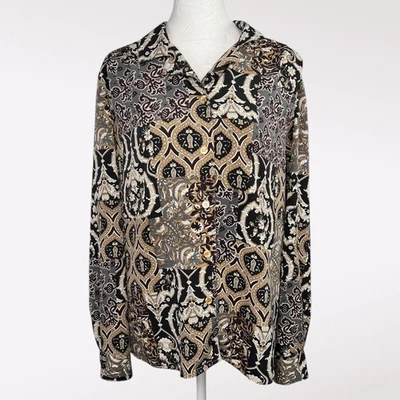 Alfred Dunner Damask Print Poly Button Up Shirt Long Sleeve Vintage 10 - Image 1 of 4
