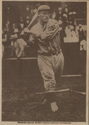 Tarjeta de béisbol rara 1930 W554 cortada a mano Chuck Klein Philadelphia Phillies Salón de la fama Foto 1 de 2