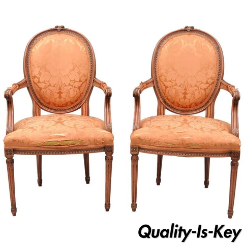 Pair of French Louis XVI Style Pink Distress Painted Oval Back Dining Arm Chairs Cover