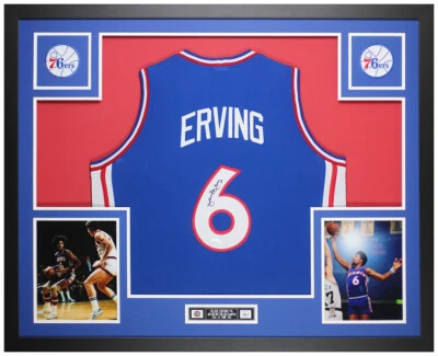 朱利叶斯·欧文亲笔签名带框蓝色费城球衣签名 JSA 认证 — 第 1/4 张图片