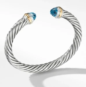 David Yurman Cable Classics Bracelet in Sterling Silver 14kt Gold Blue Topaz Med - Picture 1 of 17