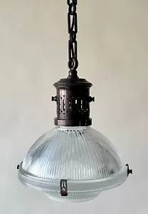 Restored antique Holophane prismatic pendant ceiling light glass brass French - Picture 1 of 17