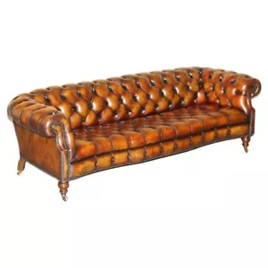 LUXURY VICTORIAN SERPENTINE HAND DYED RESTORED BROWN LEATHER CHESTERFIELD SOFA - Picture 1 of 17