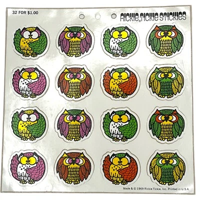 Vintage Rickie Tickie Stickies 1969 Owl Stickers Retro Mod Full Sheet Of 16 Owls - Image 1 of 4