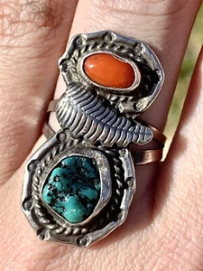 Vintage 925 Sterling Silver Navajo Turquoise And Coral Ring 1970’s - Picture 1 of 9