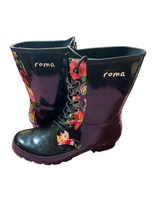 Roma Sadie Robertson Damen 11 schwarz Blumen kurze Schnürschuhe Regen 2015 - Bild 1 von 8