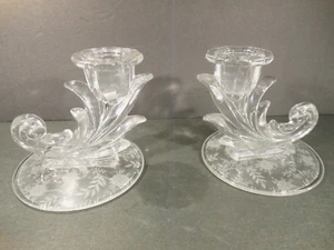 Vintage Baroque Pair of Fostoria Meadow Rose Glass Etched Candlestick Holders - Picture 1 of 6