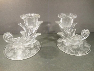 Vintage Baroque Pair of Fostoria Meadow Rose Glass Etched Candlestick Holders - Image 1 of 4