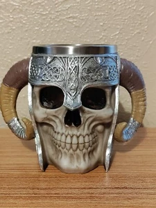 Stainless Steel Double Handle Horn Skull Beer Cup Viking Warrior Skull Mug - Picture 1 of 13