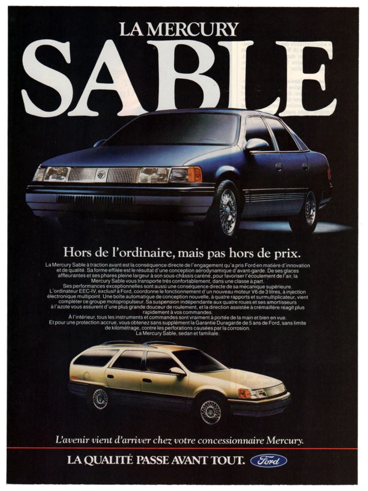 1986 MERCURY Sable Vintage Impressão Original AD Foto de carroça azul Canadá Francês - Imagem 1 de 1