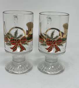 Pair 2 Culver USA Holiday Irish Coffee Cocoa Mugs Gold Horn Ribbon Evergreen - Picture 1 of 12