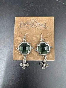 Lucky Brand! Drop Earrings Women Jewelry Stones Green Color Silver Cross Stone - Picture 1 of 3