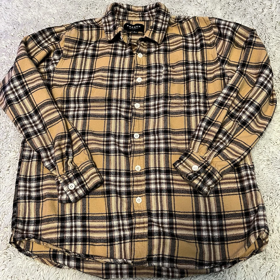 Pacsun de franela suave amarillo mostaza y negro para hombre con botones talla mediana Foto 1 de 4