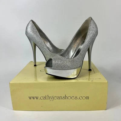 Zapatos de tacón alto Cathy Jean para mujer talla 6,5 plataforma plateada brillo formal aguja Foto 1 de 4