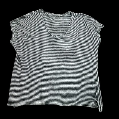 Top de lino manga corta a rayas azul blanco marino resort costero para mujer talla L cuadrado Foto 1 de 4