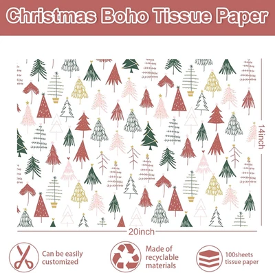 100 Sheets Christmas Tissue Paper Boho Forest Tissue Paper Pink Tree Gift Wra... - Изображение 1 из 4