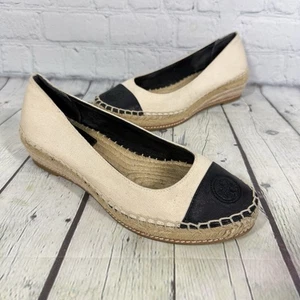 Tory Burch Wedges Women Size 7 Black Low Heel Espadrilles Canvas Preppy Shoes - Picture 1 of 14