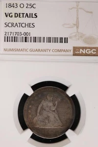 Cuarto de plata 1843 O libertad sentada NGC VG detalles *Dobles uniones" - Imagen 1 de 2