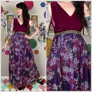 Vintage 1970s Purple Velvet Floral Wide Leg Palazzo Jumpsuit | 27"/28" Waist - Picture 1 of 7