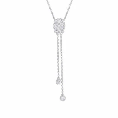 14K White Gold Diamond Oval Lariat Necklace Y Pendant Natural Round Cut 0.50CT - Image 1 of 2