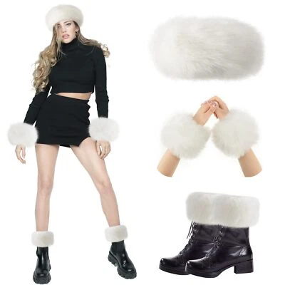 3 Pieces Faux Fur Headband Set Earmuff Hat Fuzzy Short Wrist Warmers Boot Cuf... - Image 1 of 4