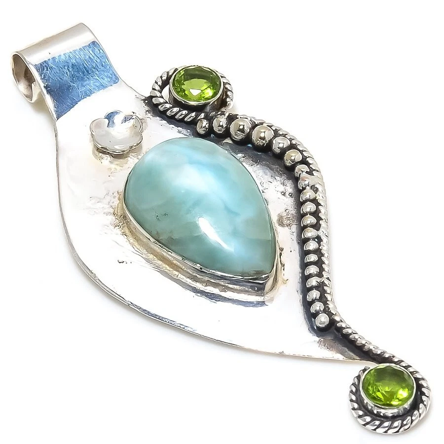 Larimar Peridot Quartz Gemstone Silver Plated Handmade Pendant 2.5" - Изображение 1 из 1