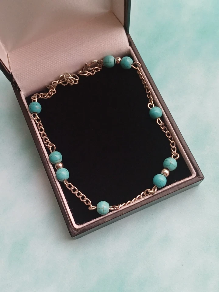 Tobillera moderna bohemia imitación turquesa y tono plata con cuentas eslabones cadena  Foto 1 de 4