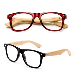 Real Bamboo Temple Squared Retro Frame Nerdy Clear Lens Glasses Blue Red Brown - Picture 1 of 5