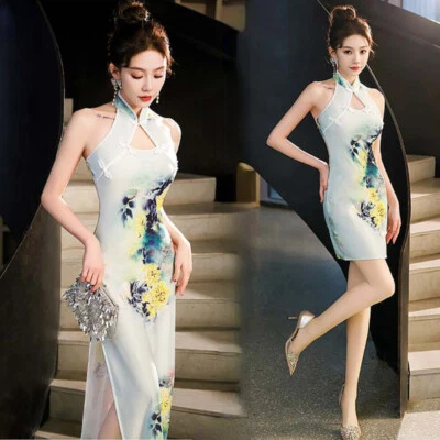 Women Sleeveless Halter Cheongsam Satin Dress Chinese Prom Qipao Slim  Cheongsam - Image 1 of 4