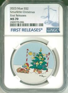 2023 Niue S$2 Smurfs Smurfette Christmas First Release Colorized NGC MS70