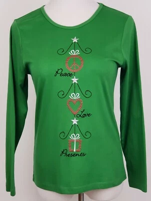 Camiseta de Natal tamanho P M manga longa verde Love Peace Presents feminina - Imagem 1 de 4