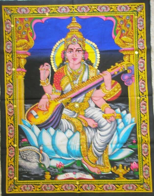 Hindu Goddess Saraswati Shakti Indian Wall Hanging Tapestry Altar Prayer Poster - Image 1 of 3