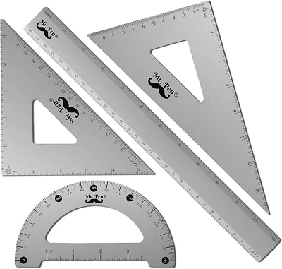 Metal Geometry Kit - 4Pack Set Square, Protractor, Aluminum Ruler, Drafting Tria - Image 1 of 4