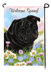 Bandera de jardín Welcome Spring - Pug negro - Imagen 1 de 1