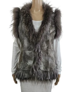 LINDA RICHARDS Luxury Gray Brown Rabbit & Raccoon Fur Vest with Fringe M $650 - Picture 1 of 7