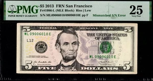 $5 2013 FRN MISMATCHED SERIAL NUMBER ERROR COLORIZED FIVE 0900 / 0909 PMG VF 25 - Picture 1 of 2