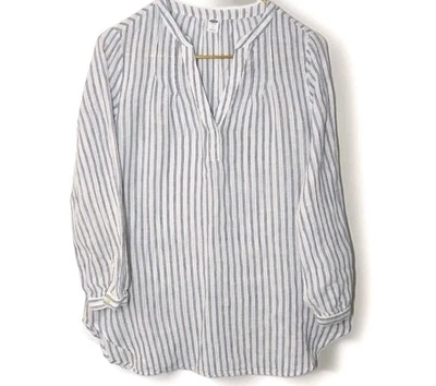 Túnica Antigua Azul Marino Lino y Algodón Azul Blanco Rayas Mujer M Ligera Manga 3/4 Foto 1 de 4