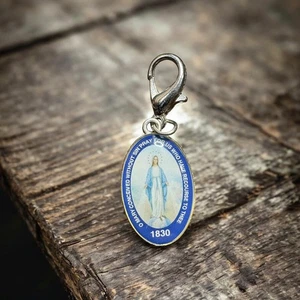 Virgin Mary Miraculous Medal Charm Blue Enamel Catholic Clasp Pendant 1830 - Picture 1 of 4