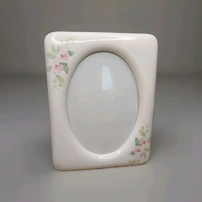 Ceramic Photo Frame Pink Tea Roses Simple Oval 5 X 7 Display Cottage Vtg - Image 1 of 4
