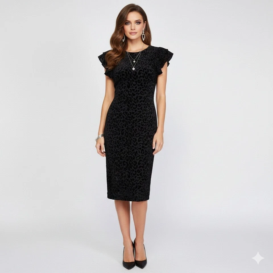 Vestido Tommy Hilfiger Mujer 8 Negro Volantes Estampado Leopardo Terciopelo Burnout Funda Foto 1 de 4